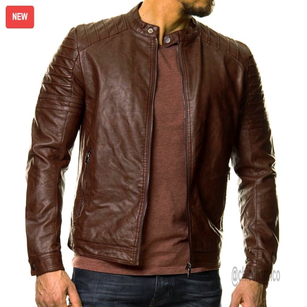 Men's Lambskin Leather Biker Jacket with Multiple Pockets